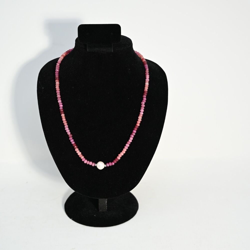 Pink Gemstone Beaded Necklace White Pearl Center 18in